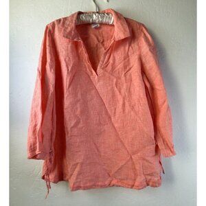 Sigrid Olsen Top Womens Coral Pink Linen 3/4 Sleeve Popover Blouse Medium Collar